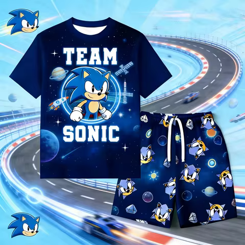 Team Sonic Kids Pajamas Set Boys Girls Cartoon Short Sleeve T-shirt Shorts Summer Children's Sleepwe