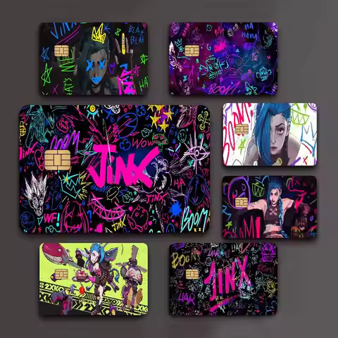 Arcane Jinx 2024 Anime Cartoon Skin Stickers Film Tape Case for Big Credit Debit Card Front Side