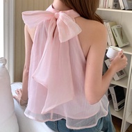 Áo cổ yếm bằng vải voan màu hồng ngọt ngào thanh lịch TEENGIRL, Áo cổ yếm có chi tiết nơ trang trí