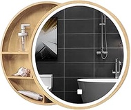 Round Bathroom Mirror Cabinet, Storage Cabinet with LED Mirror Kitchen Medicine Cabinet Bathroom Cabinet Wall Mounted Over The Toilet Space Saver, 3 Level,Wood_?50cm (Wood ?50cm)