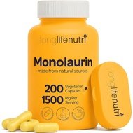 LongLifeNutri Monolaurin 1500mg - Potent Glycerol from Coconut, 200 Vegetarian Capsules, Organic Sup