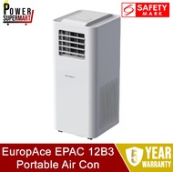 EuropAce EPAC 12B3 Portable Air Con. 12K BTU. 3-in-1 Aircon + Dehumidifier + Fan. Self Evaporating. Safety Mark Approved. 5 Year Warranty. EPAC12B3