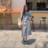 Summer Korean Style Plus Size Women's Fashion T-Shirt Printed Slit Loose Over-the-Knee Casual Dress