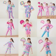 Colorful Unicorn Kids Girls Long/Short Sleeve 2pcs Swimsuit+Cap Cartoon One Piece Muslimah Swimwear 