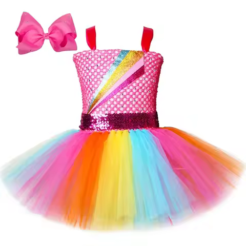Girls Jojo Siwa Tutu Dress Costume with Bow Rainbow Tulle Princess Dress for Girls Kids Halloween Ho