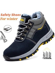 高筒冬季男鞋 鋼頭安全鞋 工作鞋 防穿刺工作靴 絨面保暖安全鞋 男士