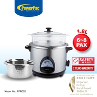 PowerPac Rice Cooker 1.8L, Rice Cooker with Stainless Steel Pot and Food Steamer (PPRC32)