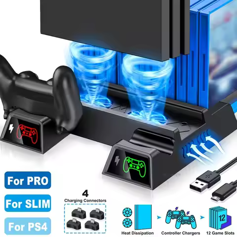 Cooling Fan Stand for PS4/PS4 Slim/PS4 Pro Console Vertical Stand Cooler with Dual Controller Charge