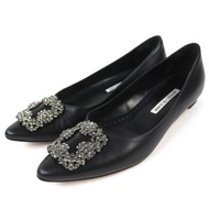 狀況極佳的 Manolo Blahnik Hangisi 鑲鑽尖頭平底鞋，黑色，36.5 碼，帶鞋盒，意大利​​製造。