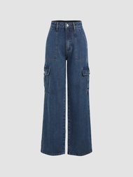 Cider Cider KPOP Solid Cargo Jeans กางเกงยีนส์ขายาวผู้หญิง กางเกงยีนส์ ทรงคาร์โก้ กางเกงแฟชั่นผญ ลุคชิวๆ