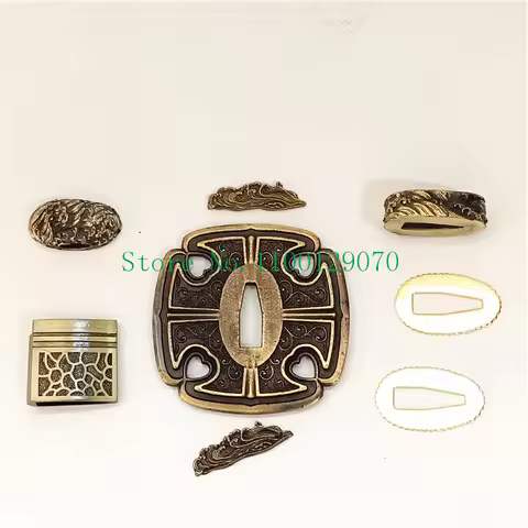 Japanese Sword Samurai Katana Fittings Set Alloy Tsuba+Fuchi+Kashira+Menuki+Hanaki+Seppa