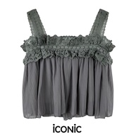 iCONiC LACE Sawasdee TOP #9065 เสื้อครอป เสื้อผญ ผ้าพลีท แต่งลูกไม้ อก34" ยาว18" เสื้อแฟชั่น เสื้อแฟ