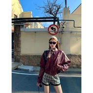 มอเตอร์ไซค์เรโทรสีแดง เสื้อแจ็คเก็ต ผู้หญิง สไตล์อเมริกัน Turn-down ปกเสื้อ แจ๊กเก็ตสั้น F24377 ซิป 