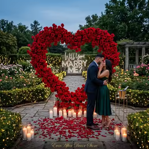 5D Luxurious 2x2m Heart-Shaped Floral Wedding Arch with LED "Will You Marry Me" Neon Sign, Candles &