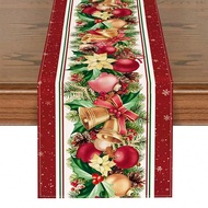 1pc, Linen Table Runner, Merry Christmas Table Runner, Red Floral Bell Pattern Table Cover, Christma