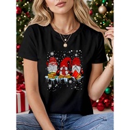 Women'S Christmas Gnome Reading Book Graphic T-Shirt - Santa Claus & Gnomes Holiday Print, Short Sle