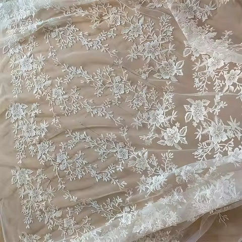Lace Fabric for Bride Headdress Dress, Mesh Embroidery, Handmade DIY Fabric, Rayon Flowers, White