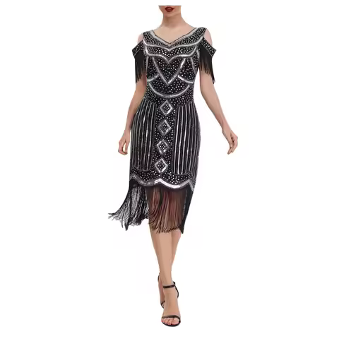 Vintage Womens 1920s Flapper Dress Vintage Long Fringe Dress Roaring 20s Sequins Beaded Dress Halter