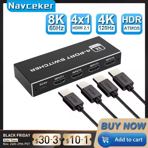 Navceker HDMI 2.1 Switch 8K 60Hz 4K 120Hz 4 in 1 out for TV Xiaomi Xbox Series X PS5 HDMI-compatible