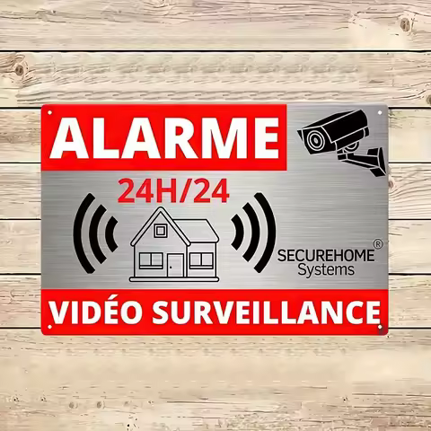 SecureHome Systems 24/7 Video Surveillance Alarm Tin Sign - Wall-Mounted Security Plaque with Tradit