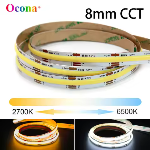 8mm Narrow PCB COB CCT LED Strip Lights Tunable White 2700+6500K Dual Color CSP Warm+Cool White Ribb