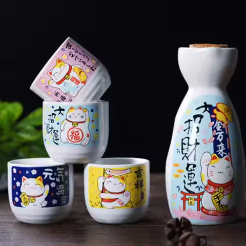 Japanese Sake Wine Warmer 1 Pot 4 Cups Ceramic Wineware Cherry Blossom Pattern Sake Pot Yellow Wine