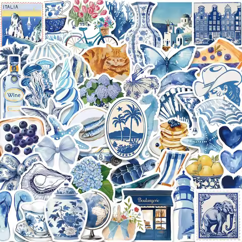 50PCS Blue Mediterranean Ins Style Art Sticker Personalized DIY Handbook Phone Case Laptop Guitar Cu