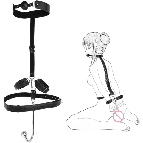 BDSM Anal Hook Bondage Kit Stainless Steel Metal Leather Handcuffs Ball Gag Mouth Gag Behind Back Re