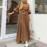 Jubah Hitam Muslimah Solid Color Long Sleeve Splice Girdle Loose Abaya Dress