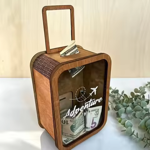 Wooden Suitcase Money Bank, Adventure Travel Home Decor Savings Box