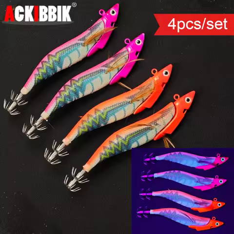 4pcs Horizontal Squid Jig Egi Set 13cm UV Simulation Shrimp Fishing Lure with Weighted Sinker Saltwa