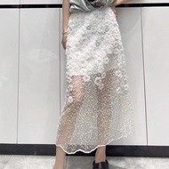 2026 Summer Elastic Waist Transparent Beaded Sequin Long Skirt