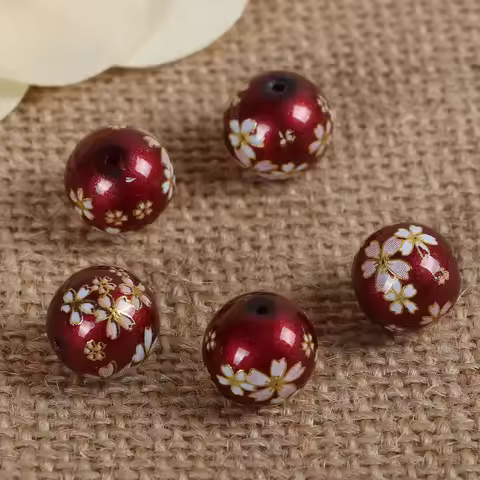 5 pcs Glass Painting Vintage Japanese Tensha Beads Round Sakura Flower Pattern Imitation Pearl About