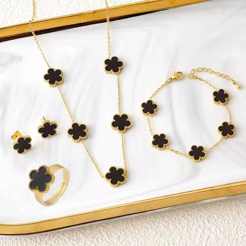 New Design 4pc Jewelry Set Stainless Steel Plum Blossom Plant Five Leaf Flower Women's 18K Gold Plat
