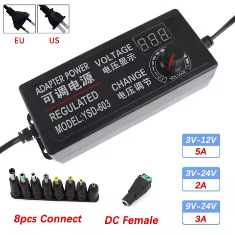 Adjustable Power Supply Adapter AC To DC 3V 12V 3V 24V 9V 24V 2A 3A 5A Universal Adapter with Displa