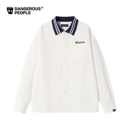 เสื้อเชิ้ตคอปกสีขาวหลวมๆ สำหรับผู้หญิง ทรงลำลอง เสื้อเชิ้ตผู้ชายสไตล์ DSP College สีบล็อก ทรงหลวมๆ ส