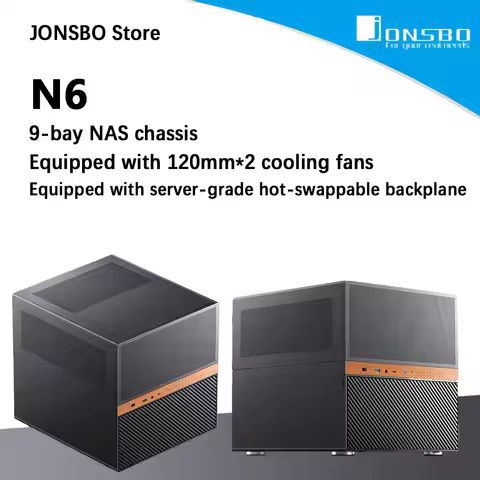 JONSBO N6 9-bay NAS Case MATX Motherboard/Dual Power Supply Bays/Walnut Wood Finish/240mm Radiator B