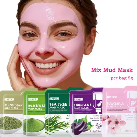 LAIKOU 5Pcs Mix Mud Mask 5g Eggplant Tea Tree Matcha Sakura Deep Cleansing Oil Control Blackhead Rem