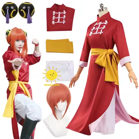 Anime Kagura Cosplay Gintama Cosplay Costume Red Cheongsam Head Ornament Kagura Suit Belt Wig Hallow
