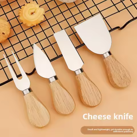 4 Piece Stainless Steel Cheese Knives Set Wood Handle Butter Cheese Cutter Jam Cream Spatula Pizza K