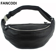 FANCODI Fashion Genuine Leather Waist Bag Men Fanny Pack Leather Belt Bag Waist Packs Bum Bag Pouch Chest Pack small Black M046