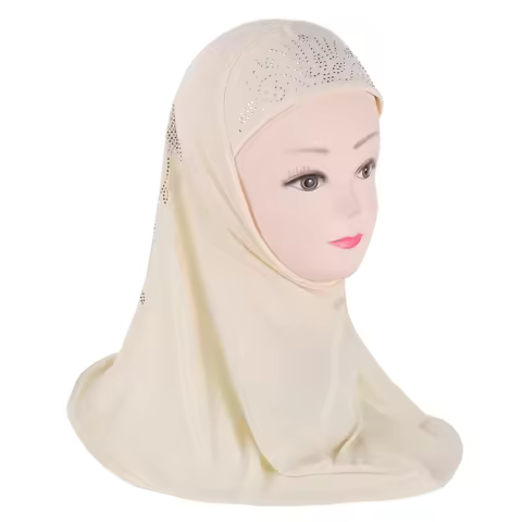 Muslim Kids Girls Diamonds Hijab Instant Scarf Turban Ready Made To Wear Head Wrap Islamic Prayer Ha