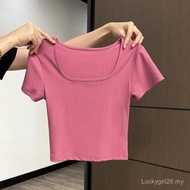 2025年新款方领短袖T恤女夏季小个子辣妹修身短款高腰露脐ins上衣T-shirts