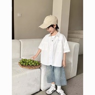 Children Clothing Shirt Thin Jacket 2025 Boy Pure Cotton Top White Short-Sleeved Shirt Little Boy Ha