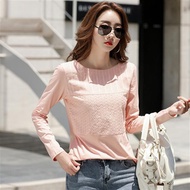 M-4XL Long Sleeve Versatile T-Shirt~Length T-Shirt Women Pure Cotton Lace Embroidered Stitching Slim