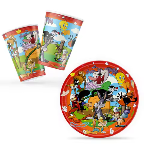 Looney Tunes Theme Birthday party decortaions Disposable Tableware Set Paper Plate Cups Sticker Stra