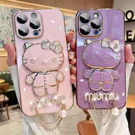 Cute Hello Kitty Phone Case For VIVO X70 X80 X90 Pro Plus V21E V23 V25 Pro Make-up Mirror Luxury Silicone Holder Stand Cover Soft Phone Case