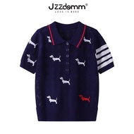 Áo Len Dệt Kim Cổ Polo Tay Ngắn Mùa Hè Cho Nữ 2025 Của JZZDEMM Áo Sơ Mi Họa Tiết Động Vật Thêu Hình