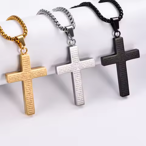 Stainless Steel Classic Pray Cross Pendant for Men Women Black Silver Gold Color Jewelry Gift