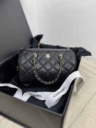 Chanel 黑色菱格紋圓筒包 香奈兒手袋 chanel 25s 黑色荔枝牛皮 金釦 Chanel保齡球chanel boston chanel圓筒